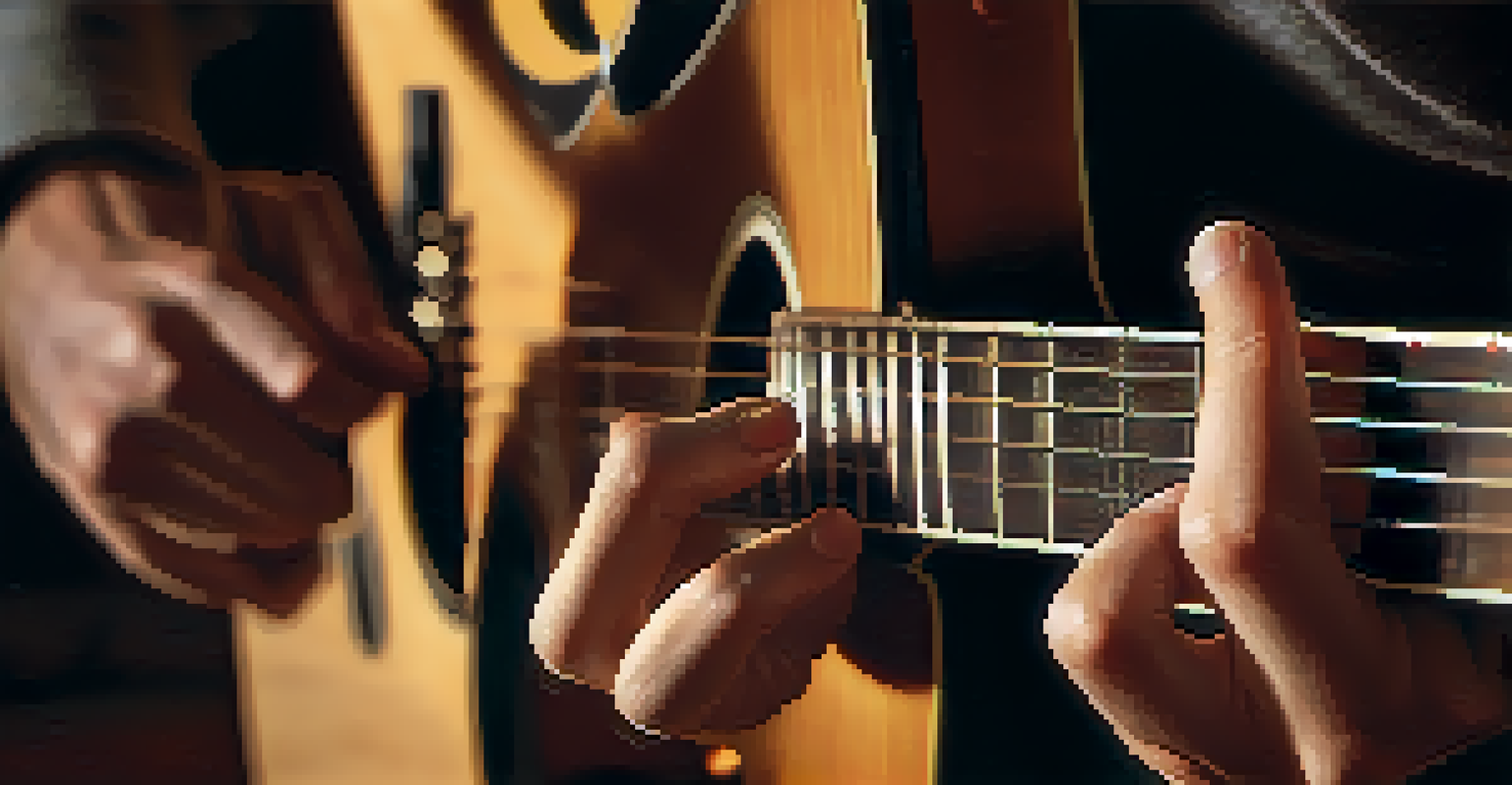 Close-up of a guitarist's hands playing an acoustic guitar, emphasizing fingerpicking techniques and warm lighting.