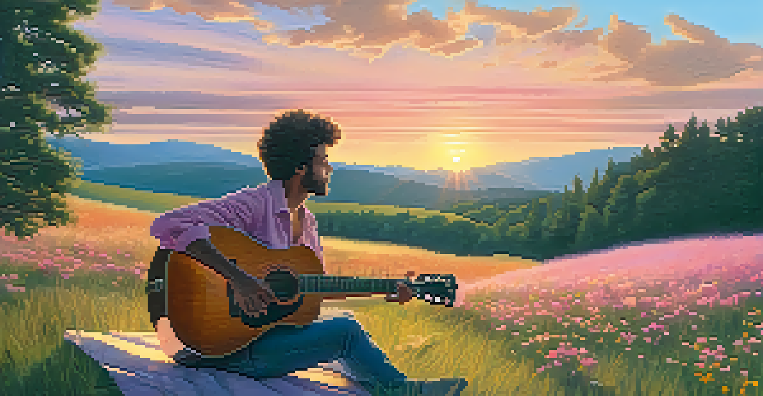 A musician sitting on a grassy hill, playing guitar at sunset, with a notebook of song lyrics nearby.