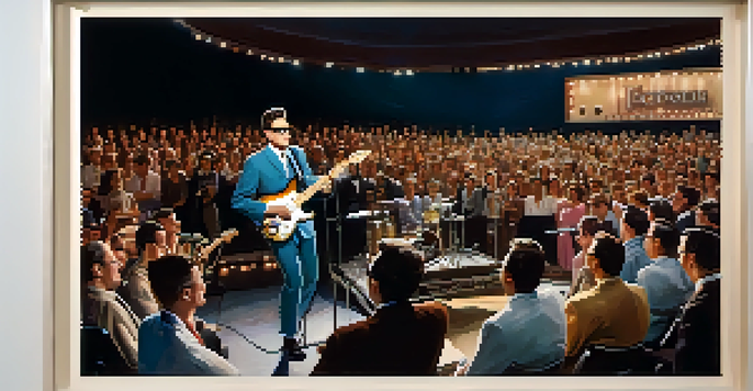 A vintage performance image of Buddy Holly in the 1950s, playing a Fender Stratocaster guitar on stage with a captivated audience.