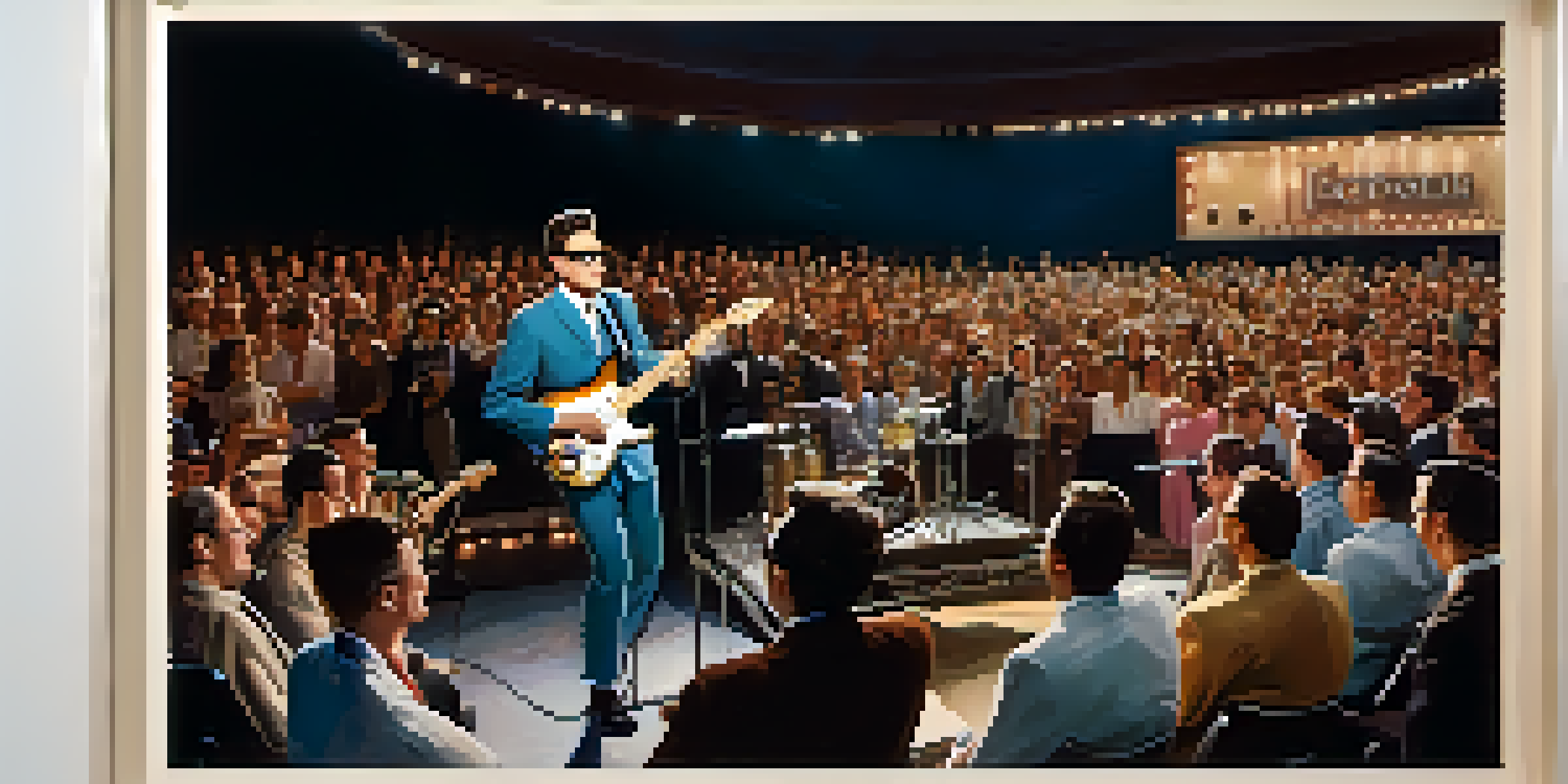 A vintage performance image of Buddy Holly in the 1950s, playing a Fender Stratocaster guitar on stage with a captivated audience.