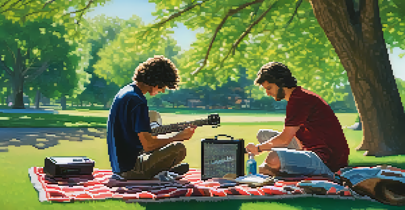 A guitarist with a Roland Micro Cube amp playing music in a sunny park, surrounded by friends on a picnic blanket.
