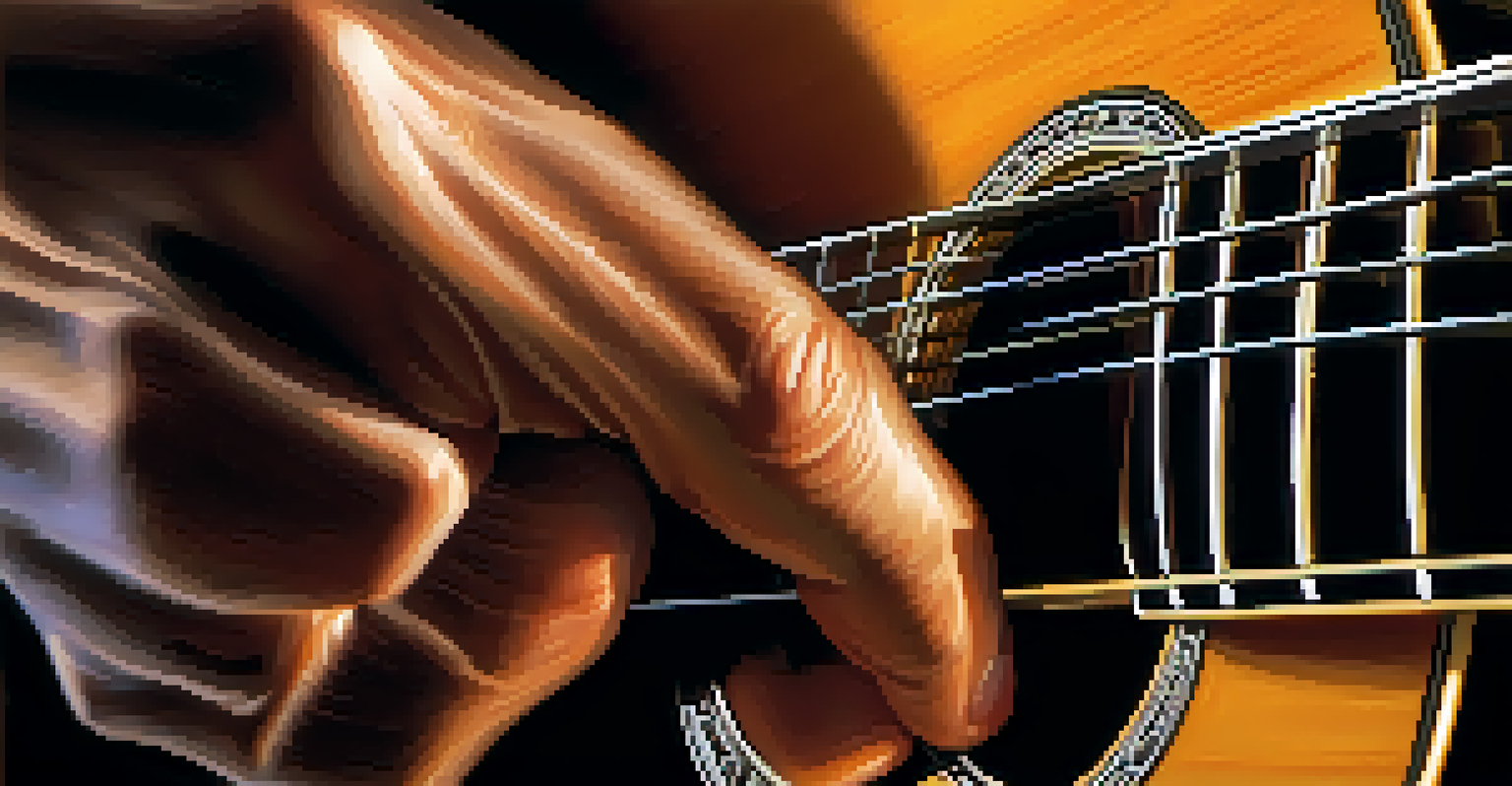 Close-up of a guitarist's hands playing an acoustic guitar, highlighting finger placement and the wood grain of the instrument.