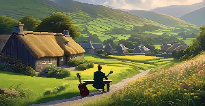 A guitarist playing an acoustic guitar in a traditional Irish village with thatched cottages and green hills.