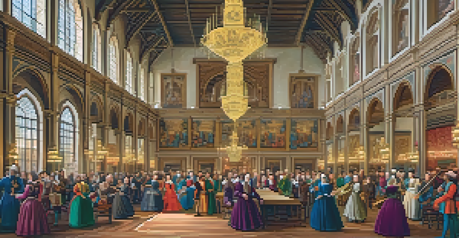 A grand hall filled with musicians playing guitars and lutes during the Renaissance.