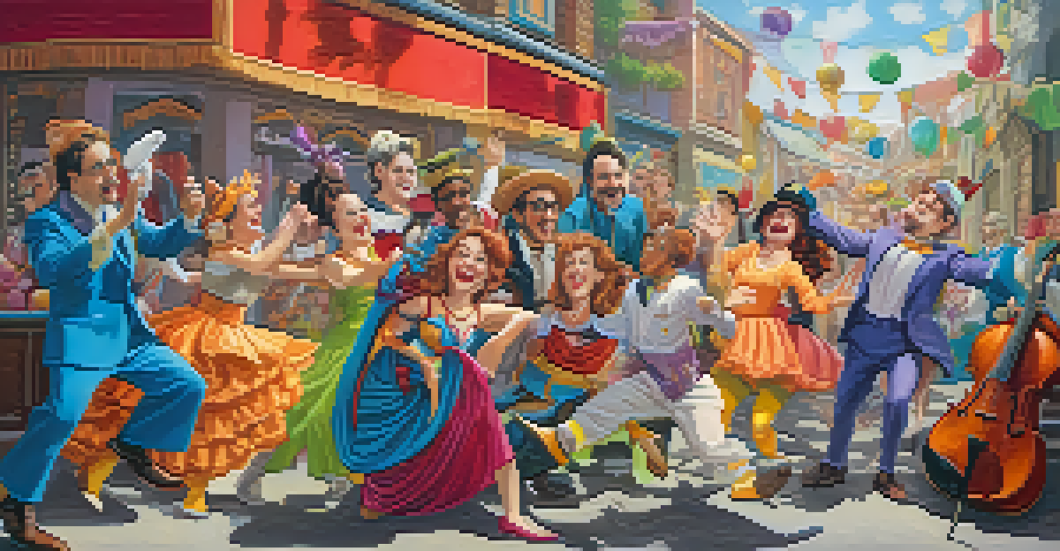 A whimsical scene of quirky characters from an improv performance, interacting playfully in an imaginative and colorful setting.