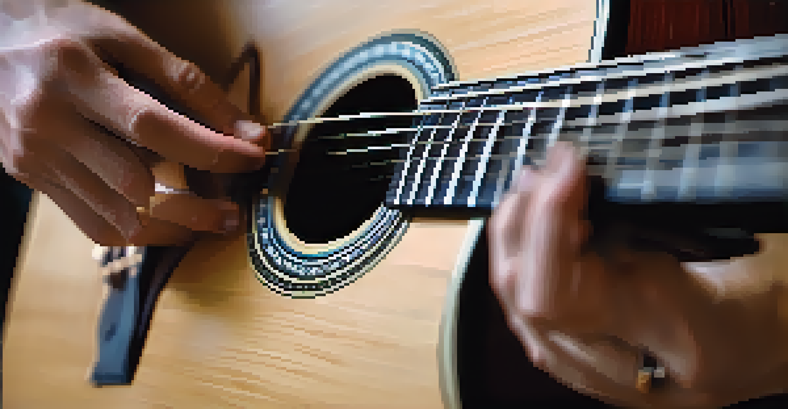 Close-up of a musician's hands playing an acoustic guitar, showcasing finger placements and vibrating strings.