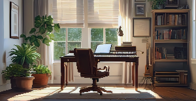 A warm home office with a vintage desk, laptop, and an acoustic guitar, bathed in soft natural light.