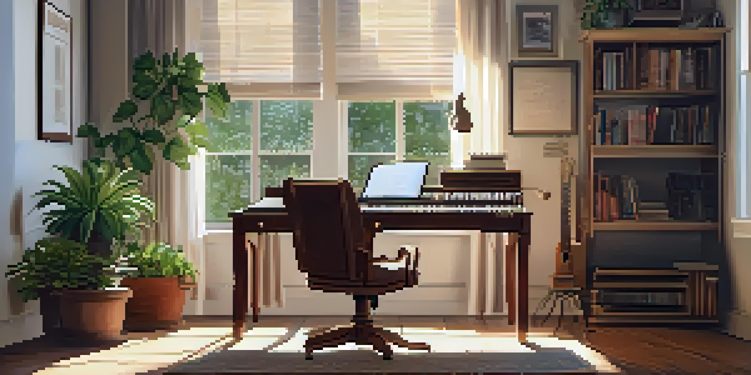 A warm home office with a vintage desk, laptop, and an acoustic guitar, bathed in soft natural light.