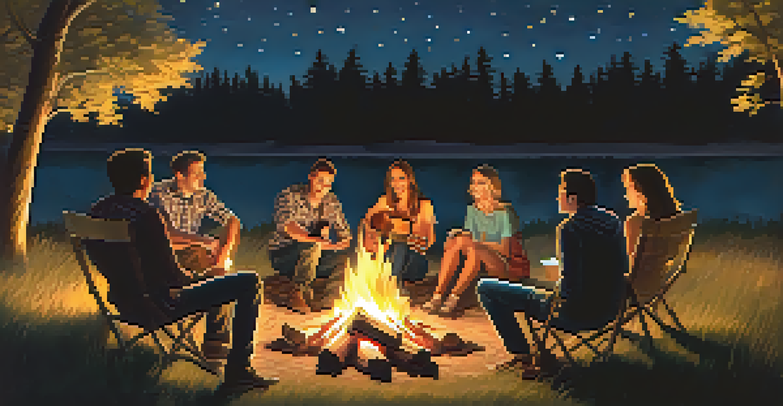 Friends around a campfire at night, one playing an acoustic guitar, with stars in the sky.