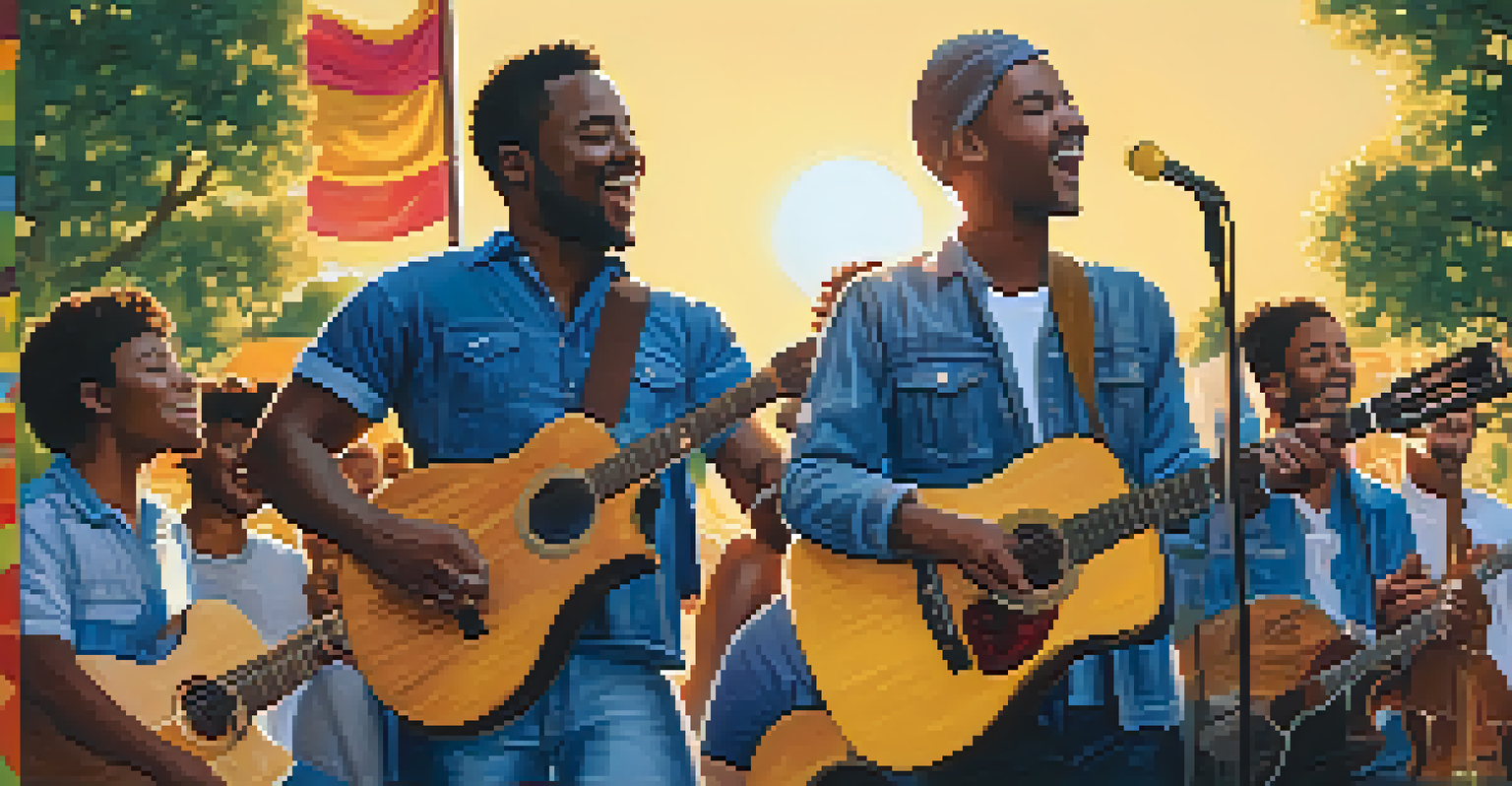A diverse group of musicians playing guitars and singing in a park during sunset, with colorful banners in the background.