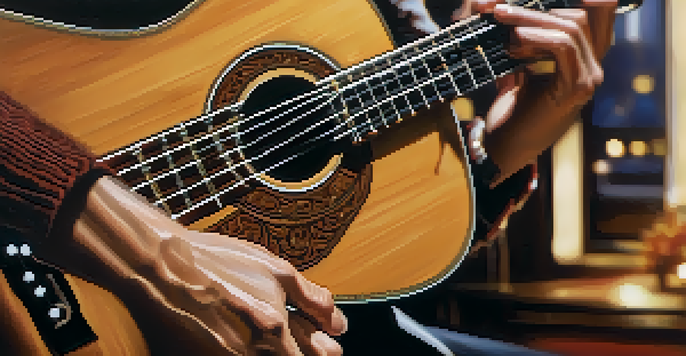 A guitarist's hands strumming an acoustic guitar, showcasing the strings and wood grain.