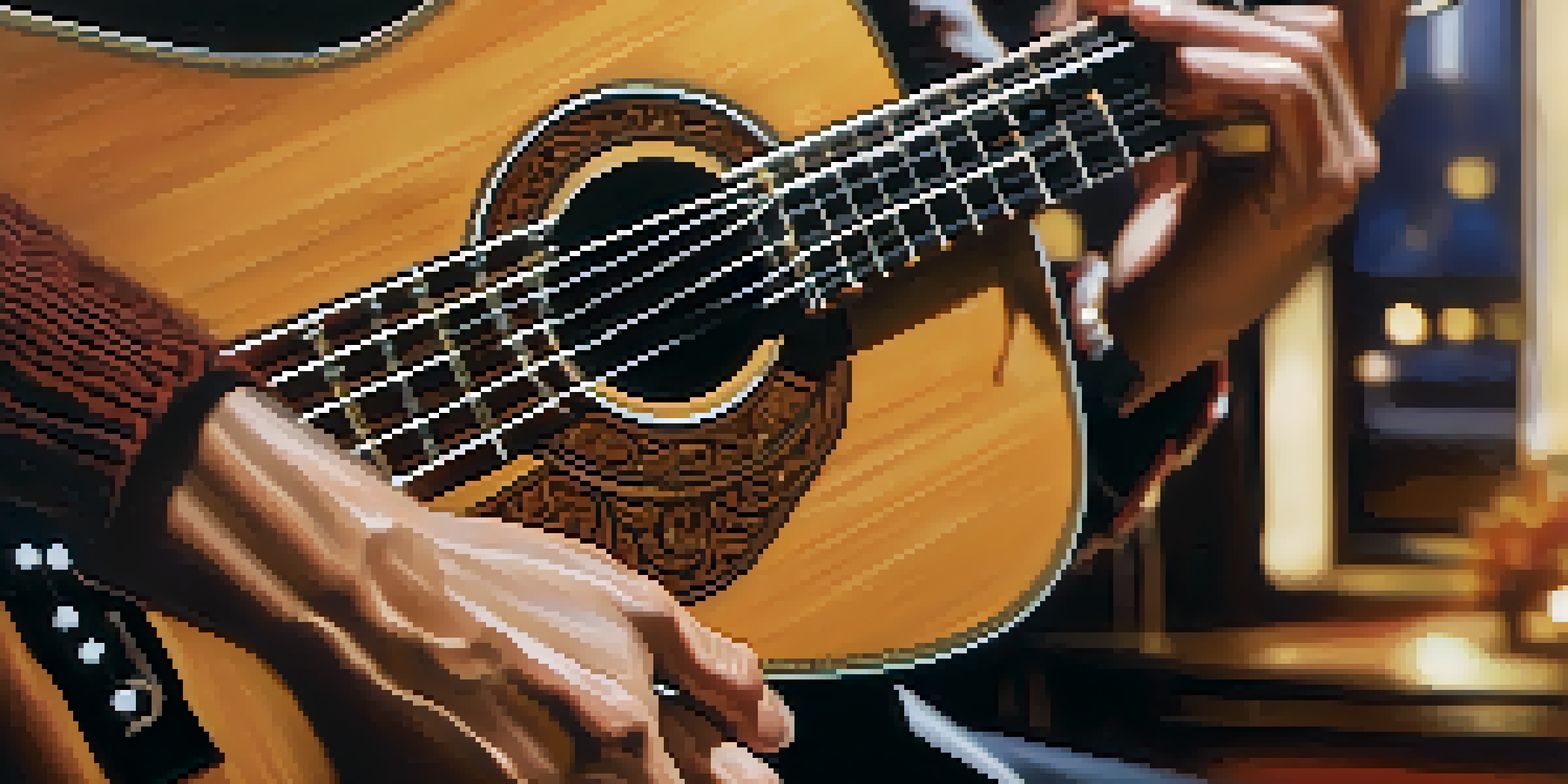 A guitarist's hands strumming an acoustic guitar, showcasing the strings and wood grain.
