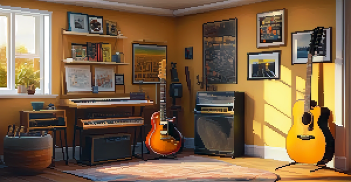 A cozy home studio filled with musical instruments, including an electric guitar on a stand, warm lighting, and sunset view through the window.