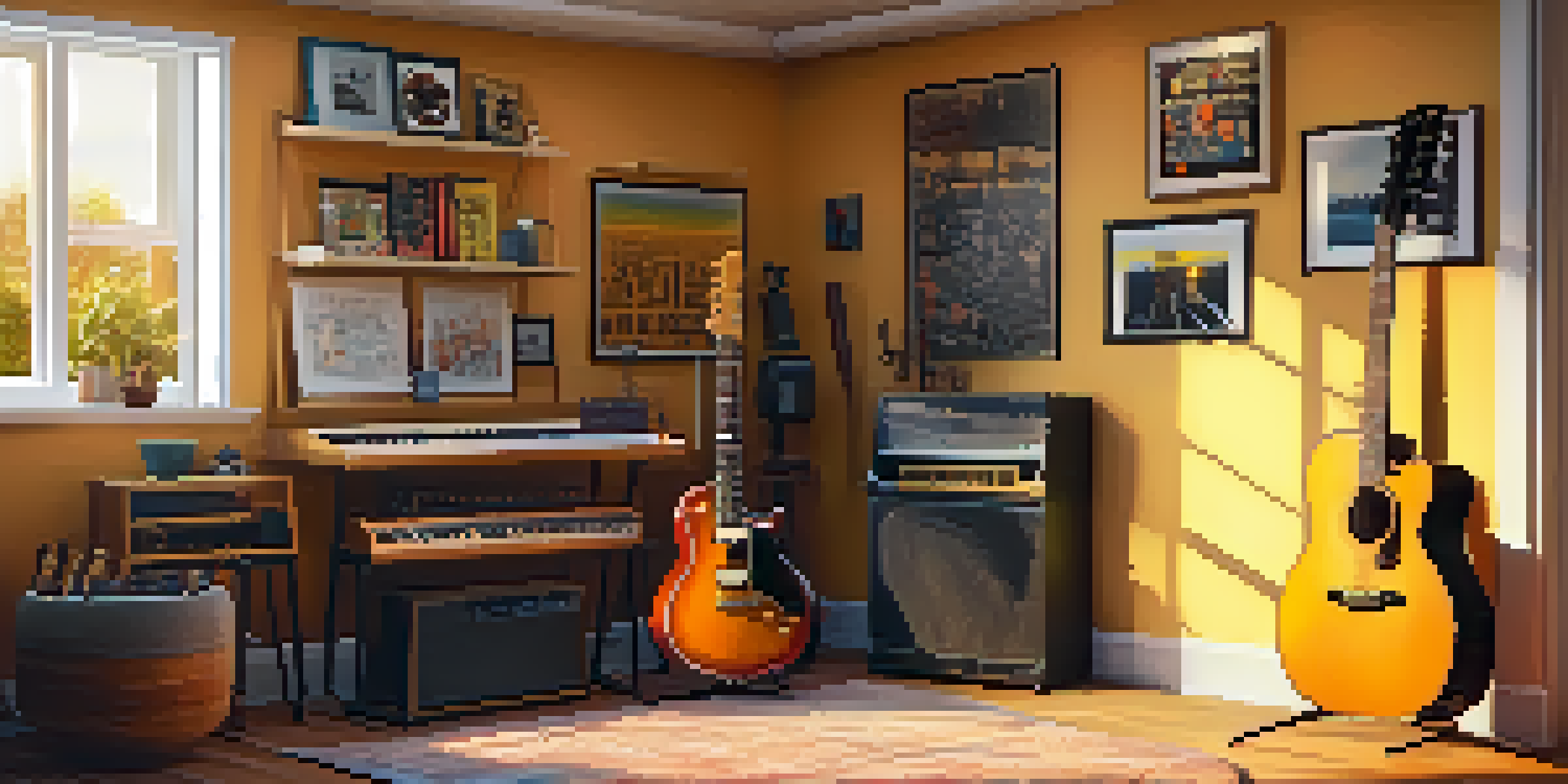 A cozy home studio filled with musical instruments, including an electric guitar on a stand, warm lighting, and sunset view through the window.