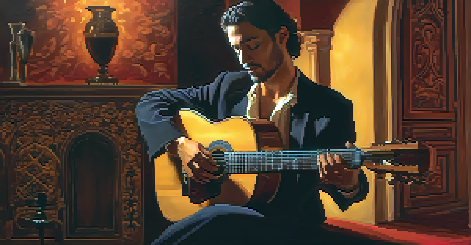 A flamenco guitarist playing in a dimly lit room, surrounded by candlelight and Spanish decor.
