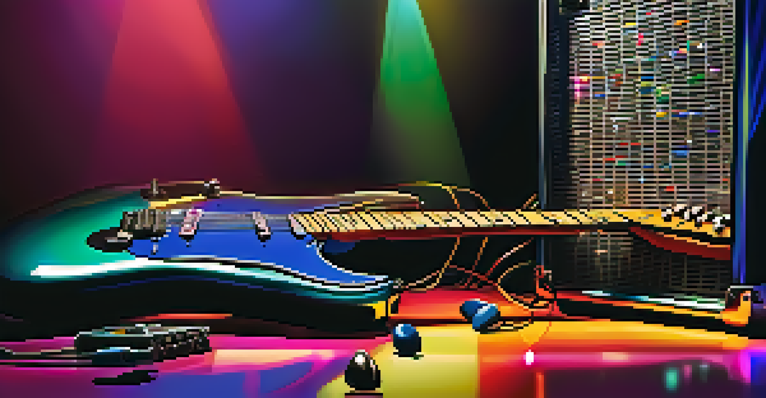 An electric guitar next to an amplifier with stage lights in a performance setting.