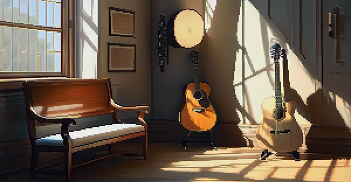 A guitar leaning against a wooden chair in a sunlit room, with music notes and minor scales on the walls.