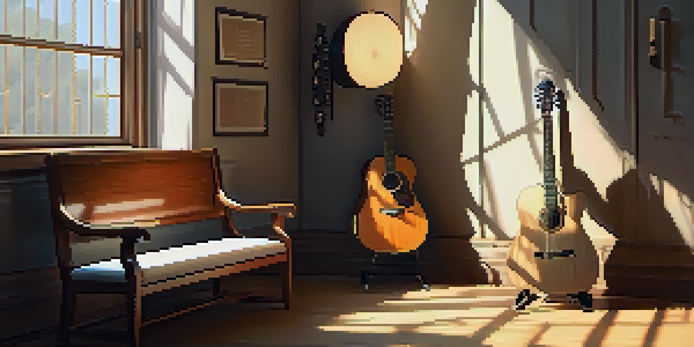 A guitar leaning against a wooden chair in a sunlit room, with music notes and minor scales on the walls.