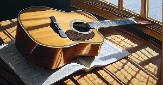 A close-up of an acoustic guitar on a wooden table with sunlight casting warm shadows, surrounded by handwritten lyrics and a cup of coffee.