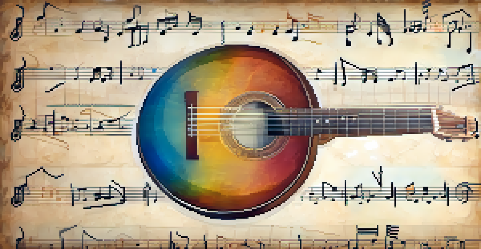 A circle of fifths diagram on parchment with music notes and a vintage guitar, illuminated by warm ambient light.