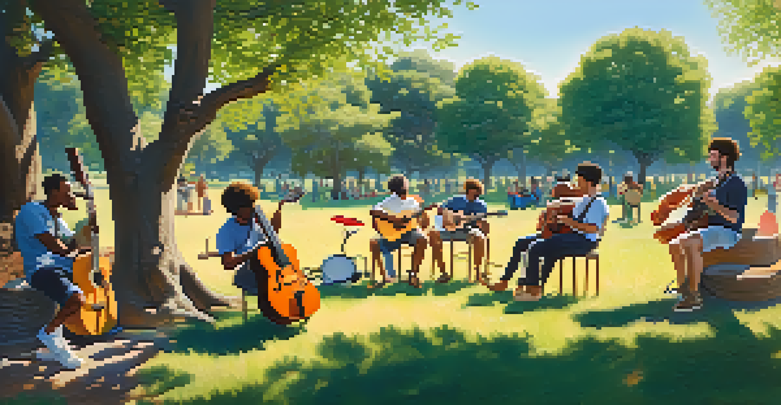 A diverse group of musicians playing together outside under a tree, showcasing various instruments and the lively atmosphere of a summer jam session.
