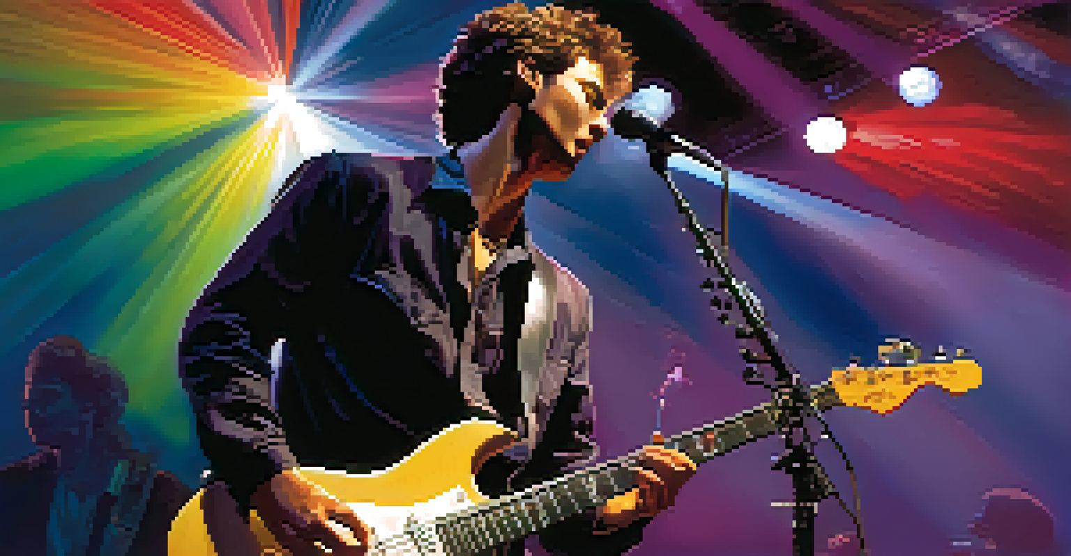 A guitarist performing on stage mid-slide with vibrant lights and an engaged audience.