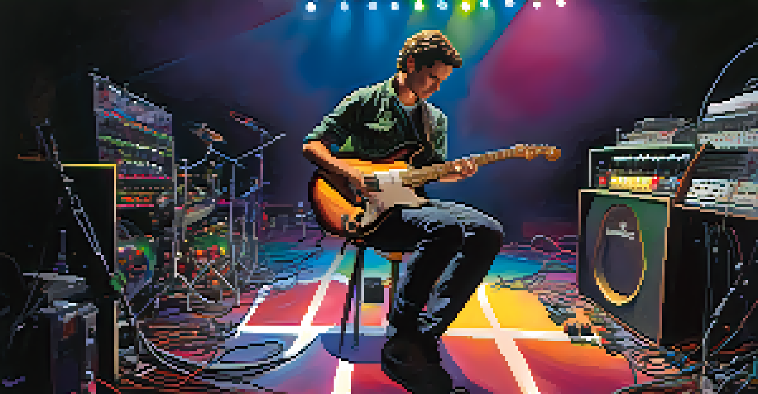 A guitarist on stage experimenting with an array of guitar pedals under vibrant stage lighting.