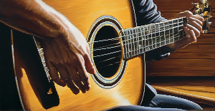 A close-up view of a guitarist's hands playing an acoustic guitar, highlighting the finger positions and guitar body against a rustic wooden backdrop.