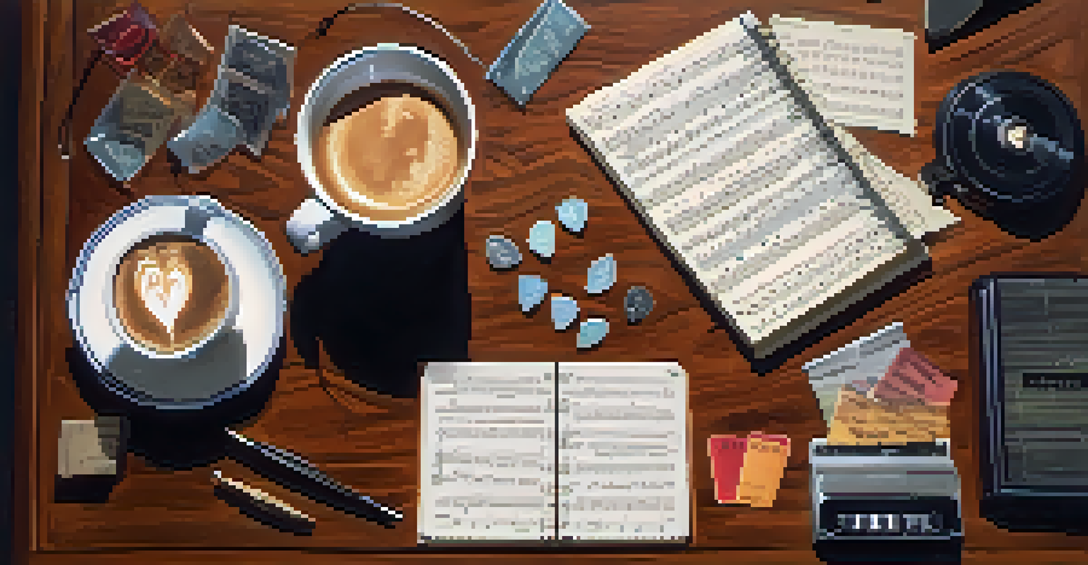 An overhead view of a musician's desk with guitar picks, a metronome, music notes, and a cup of coffee.
