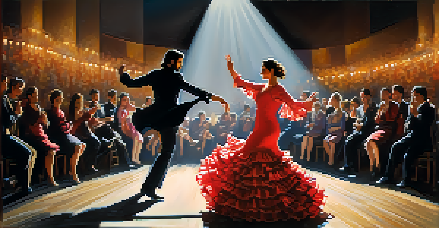 A flamenco performance with a guitarist and a dancer on stage, showcasing traditional attire and dynamic movement.