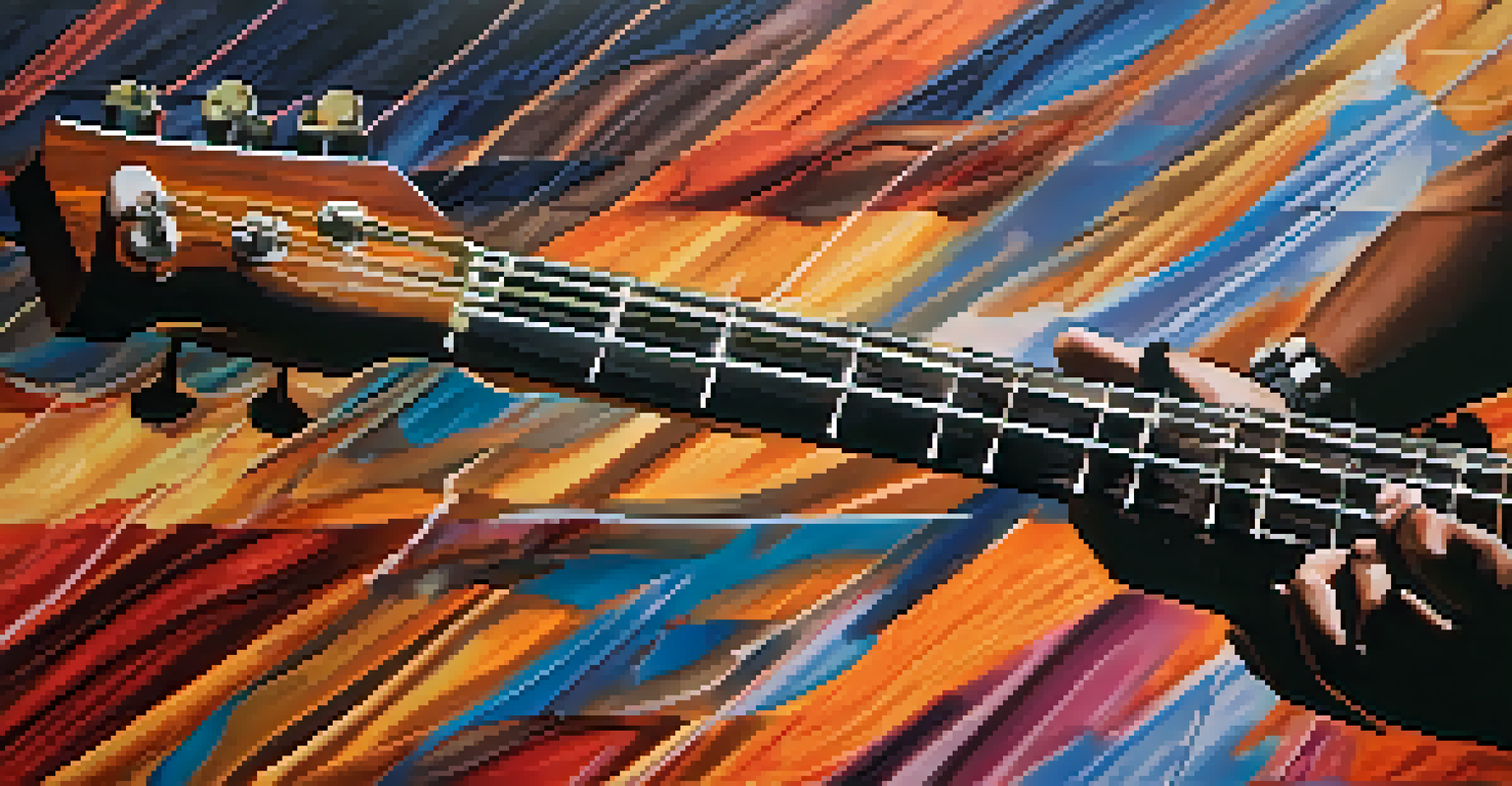A close-up of hands playing a guitar, with a focus on the neck and strings, and a colorful musical notes backdrop.