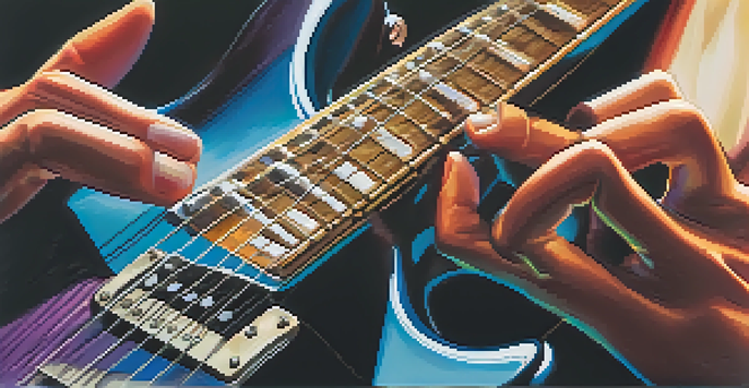 A guitarist's hands playing an electric guitar, focusing on finger placements and picking technique.