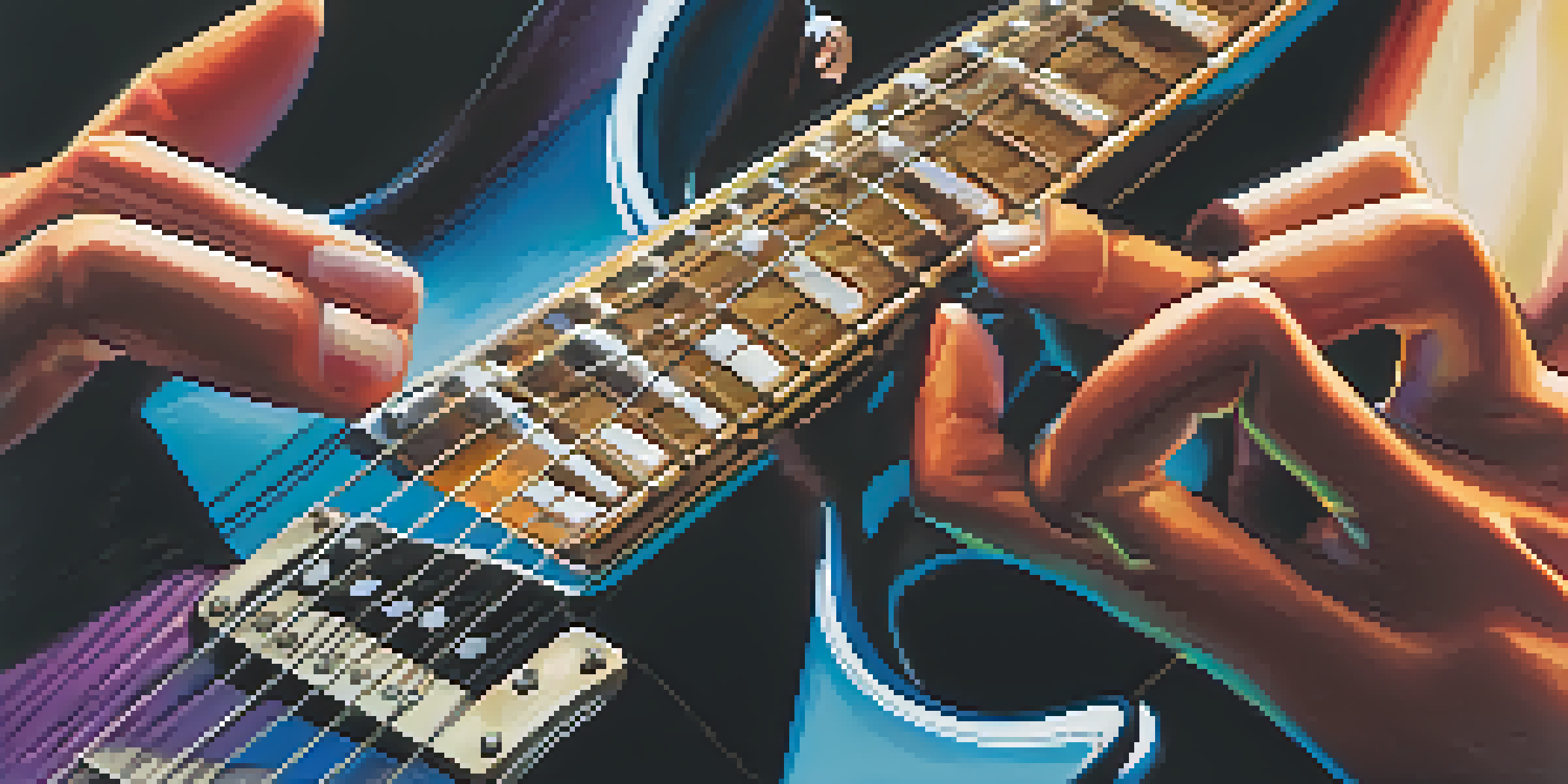 A guitarist's hands playing an electric guitar, focusing on finger placements and picking technique.