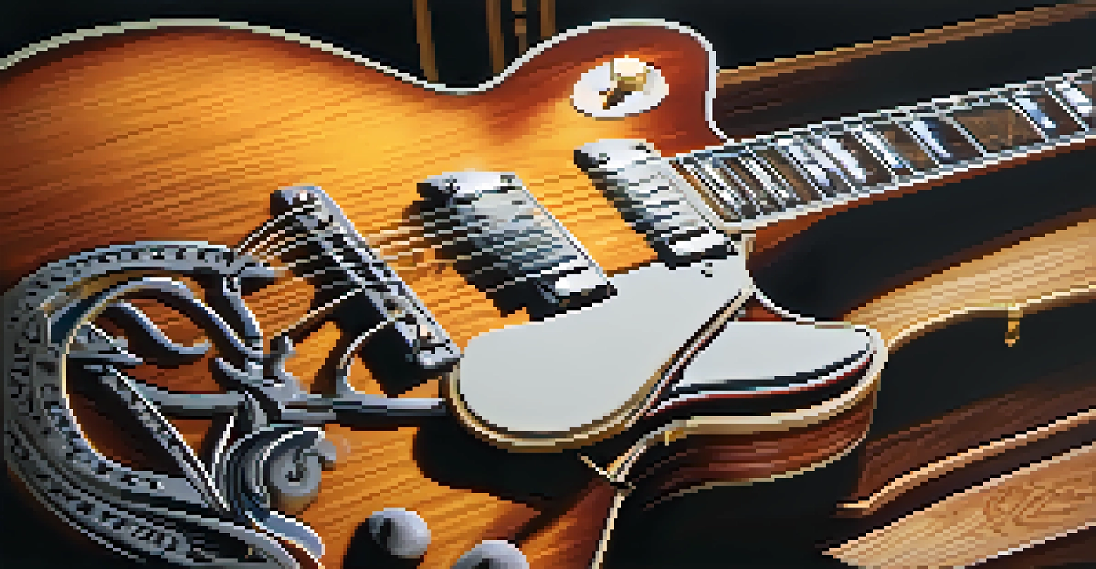 Close-up of B.B. King's guitar, Lucille, on a wooden amplifier, highlighting the instrument's intricate details and polished wood.