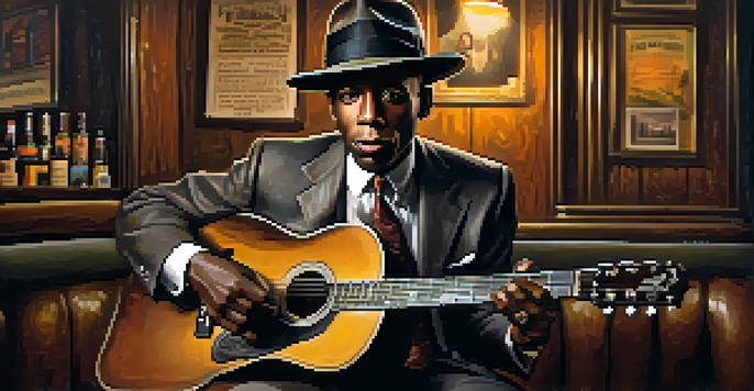 A portrait of Robert Johnson in a juke joint, holding a guitar, wearing a 1930s suit and fedora, with a warm and inviting atmosphere.