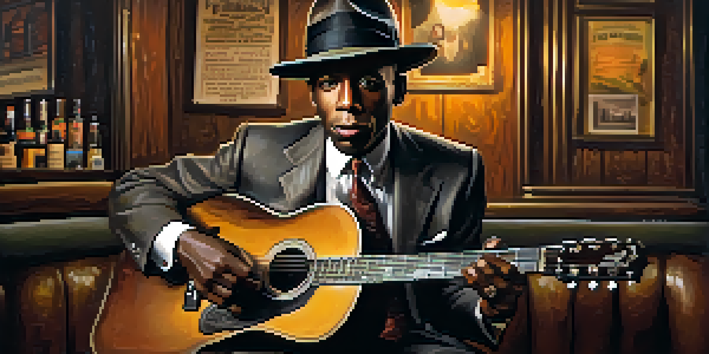 A portrait of Robert Johnson in a juke joint, holding a guitar, wearing a 1930s suit and fedora, with a warm and inviting atmosphere.