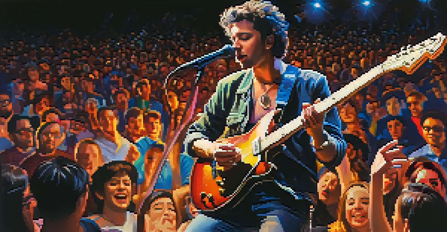 A guitarist performing on stage with colorful lights and an enthusiastic audience, capturing the energy of live music.