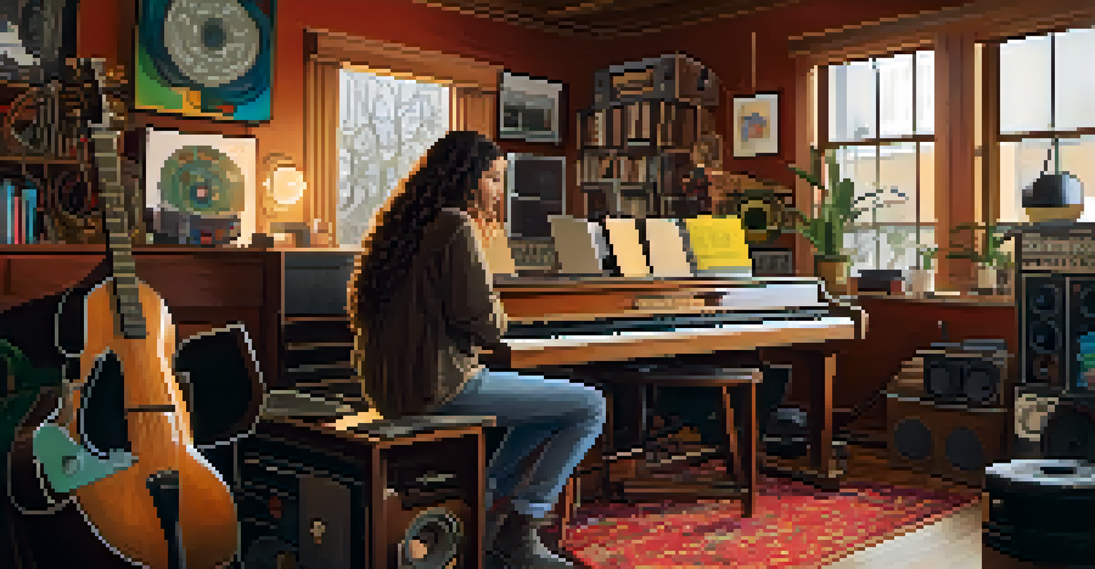 Two musicians collaborating in a studio, surrounded by various musical instruments and recording equipment.
