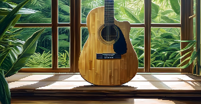 A sustainable bamboo guitar on a wooden table with green plants around it, illuminated by soft natural light.