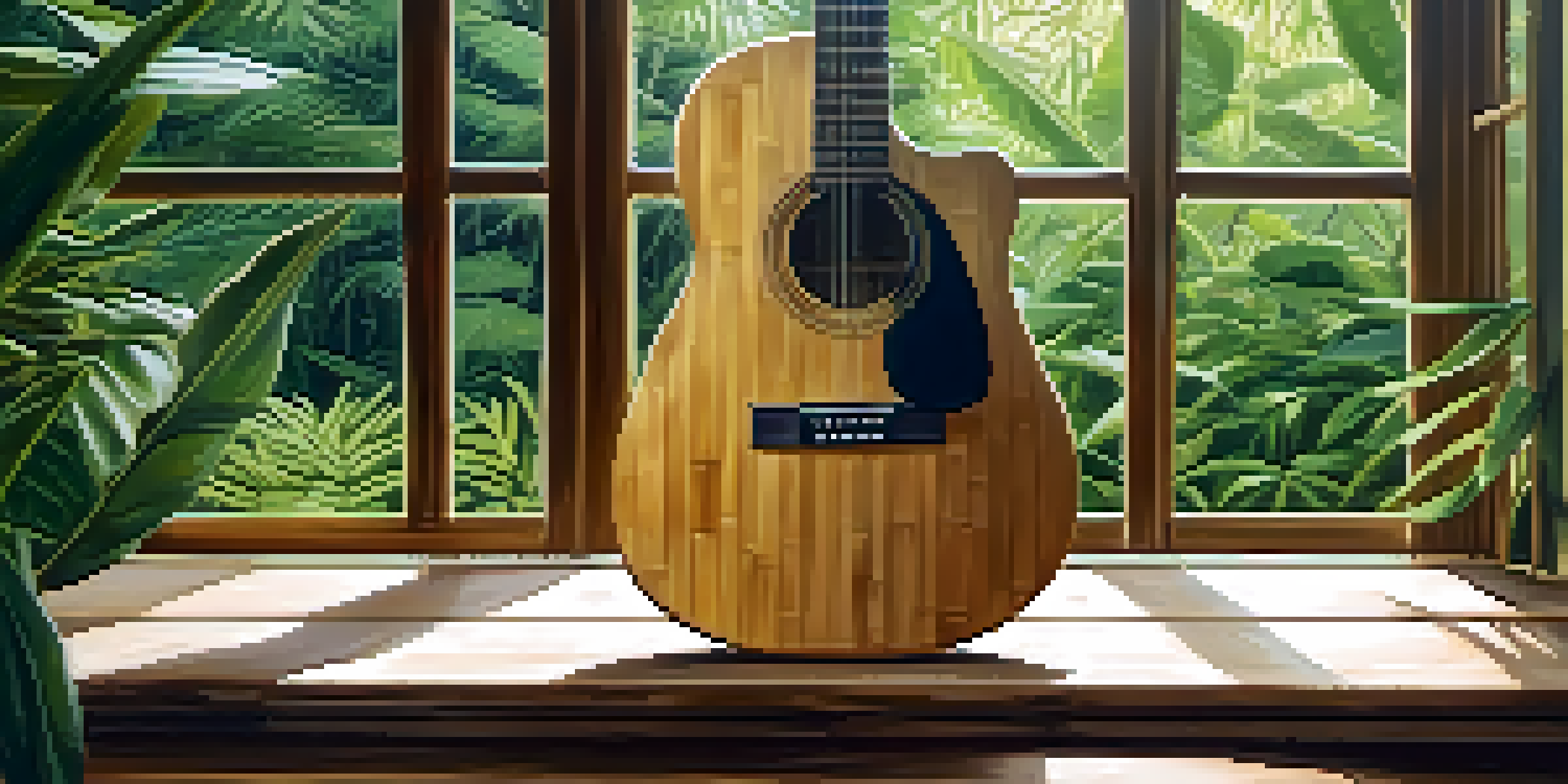 A sustainable bamboo guitar on a wooden table with green plants around it, illuminated by soft natural light.