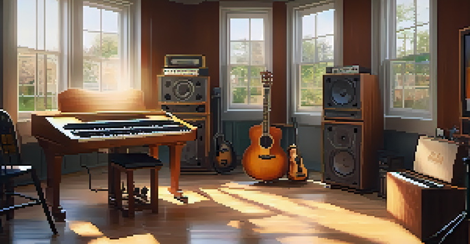 A cozy music studio with wooden walls, a mixing console, and musical instruments bathed in warm sunlight.
