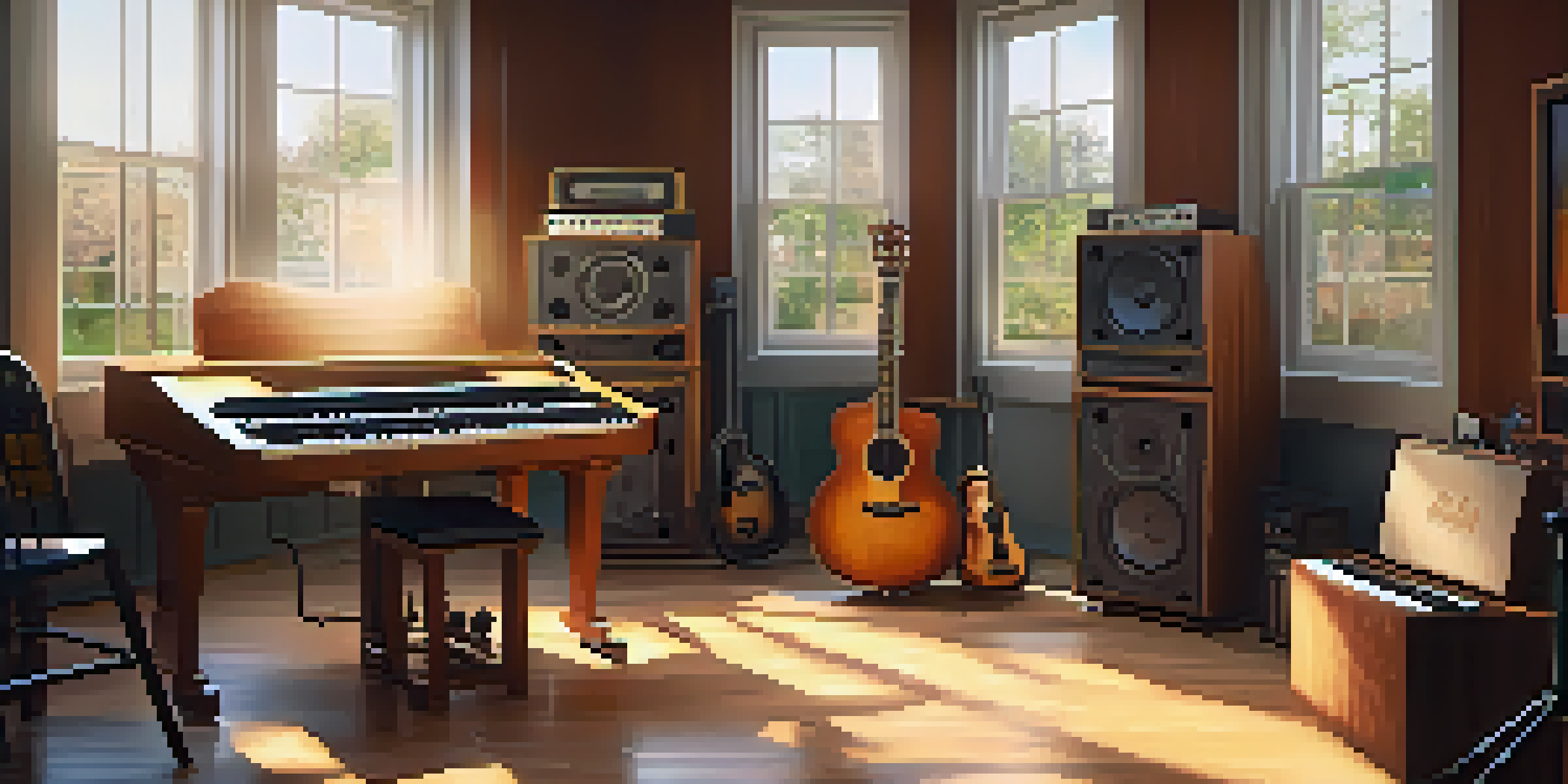 A cozy music studio with wooden walls, a mixing console, and musical instruments bathed in warm sunlight.