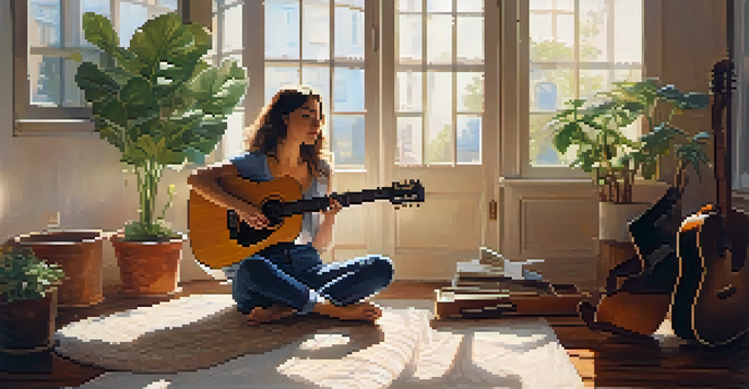 A young woman playing guitar in a cozy room filled with plants and soft lighting.