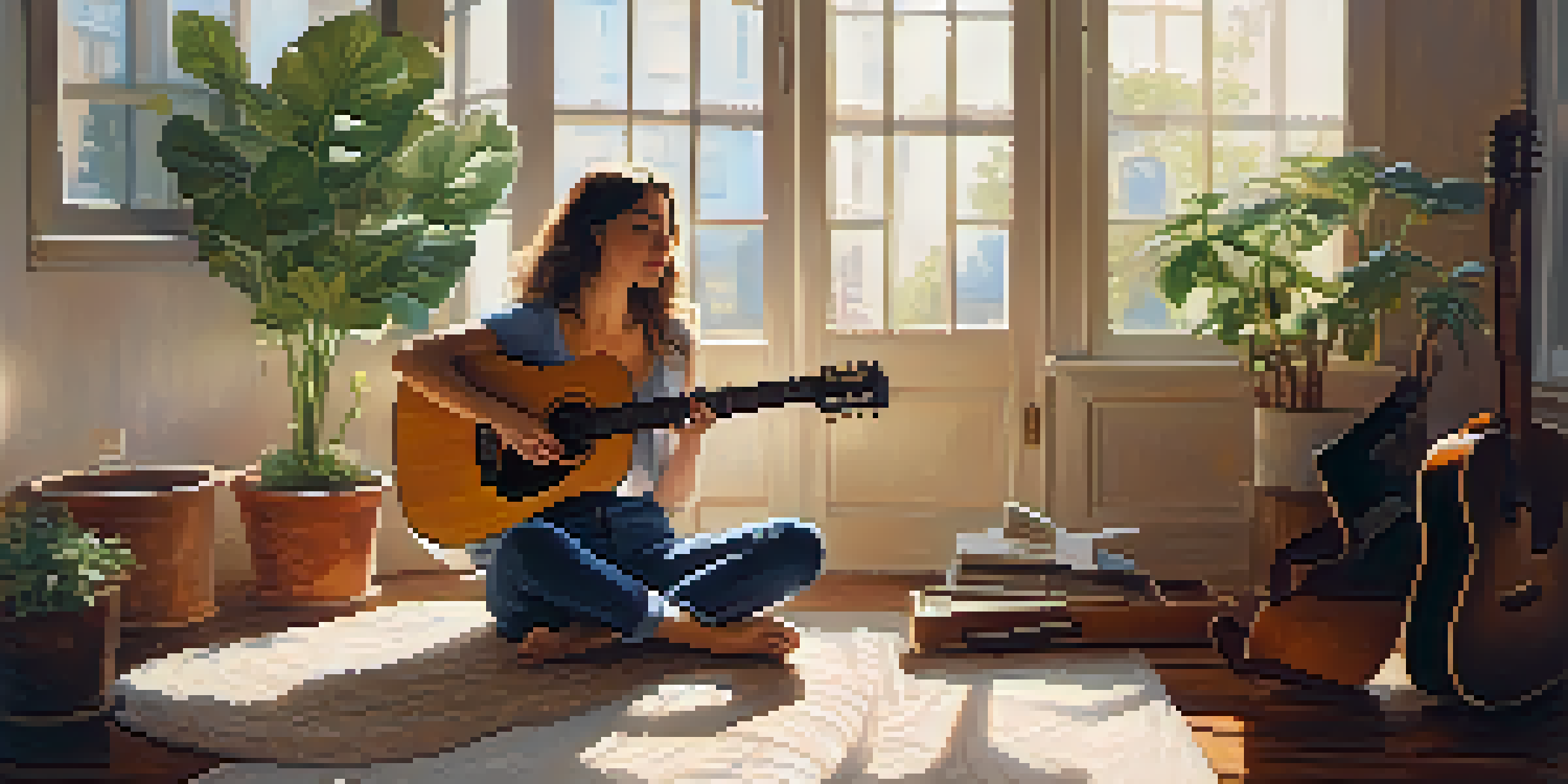 A young woman playing guitar in a cozy room filled with plants and soft lighting.