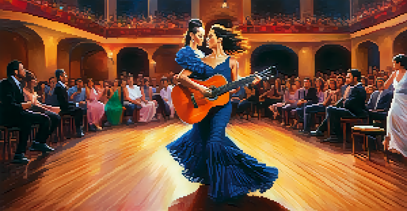 A lively Flamenco performance with a guitarist, singer, and dancer on stage, captivating the audience.