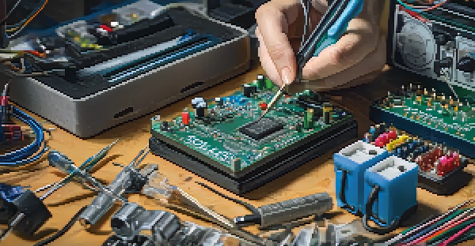 A person soldering components on a circuit board for a guitar effects pedal in a well-lit workspace, surrounded by tools and electronic parts.