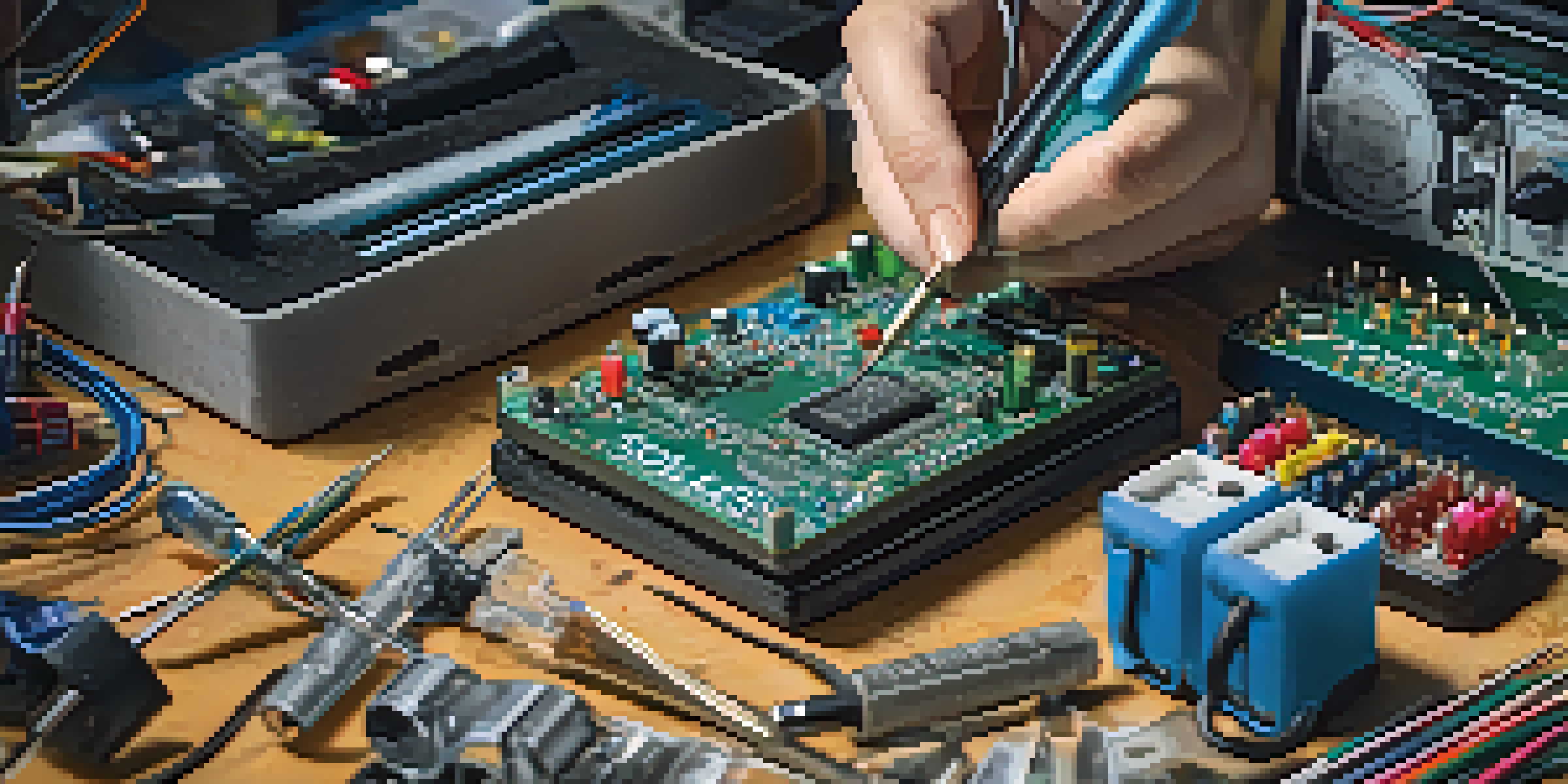 A person soldering components on a circuit board for a guitar effects pedal in a well-lit workspace, surrounded by tools and electronic parts.