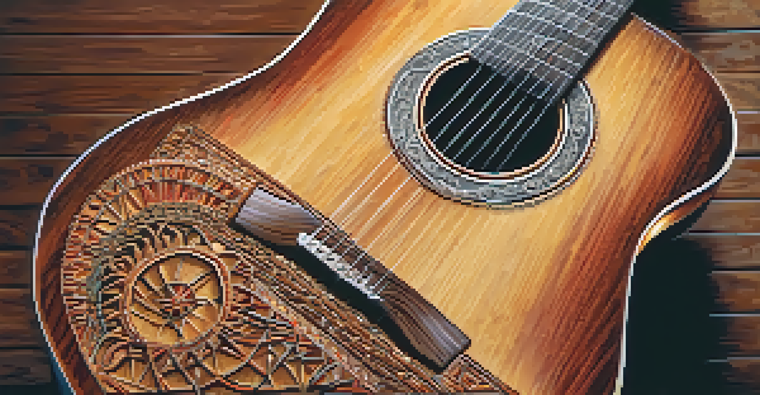 An artistic guitar with intricate patterns resting on a textured wooden surface, showcasing its vibrant colors and craftsmanship.