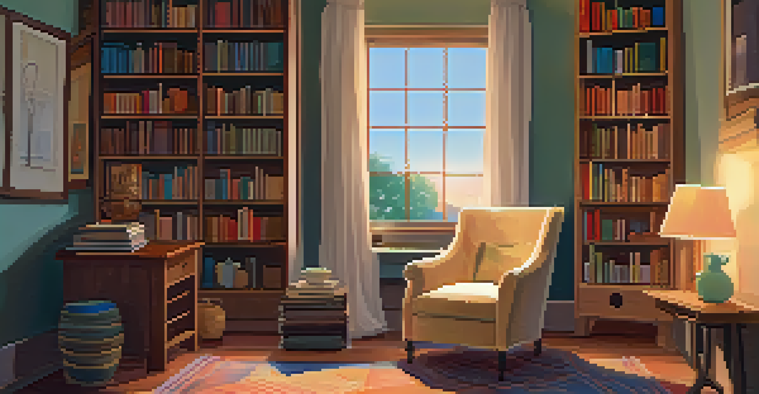 A cozy reading nook with a plush armchair, a bookshelf, and a warm lamp illuminating the space.