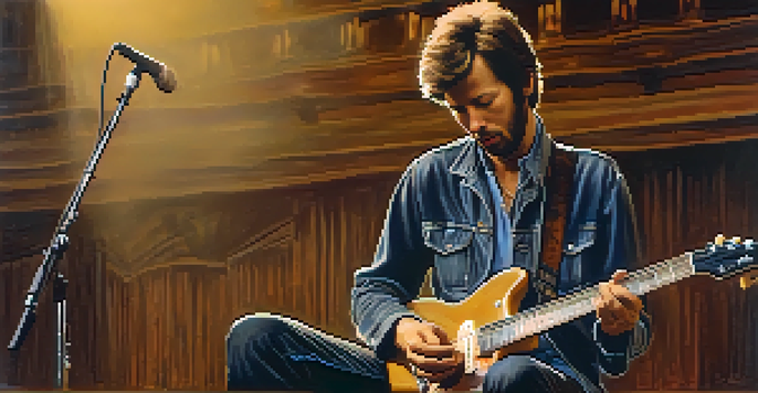 A young Eric Clapton performing on stage with a vintage electric guitar, under soft golden light, captivating the audience.